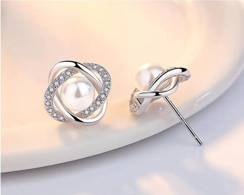 Upscale 925 Sterling Silver Earrings Zircon Pearl Twist Luxury Stud Earrings For Women brincos pendientes bijoux