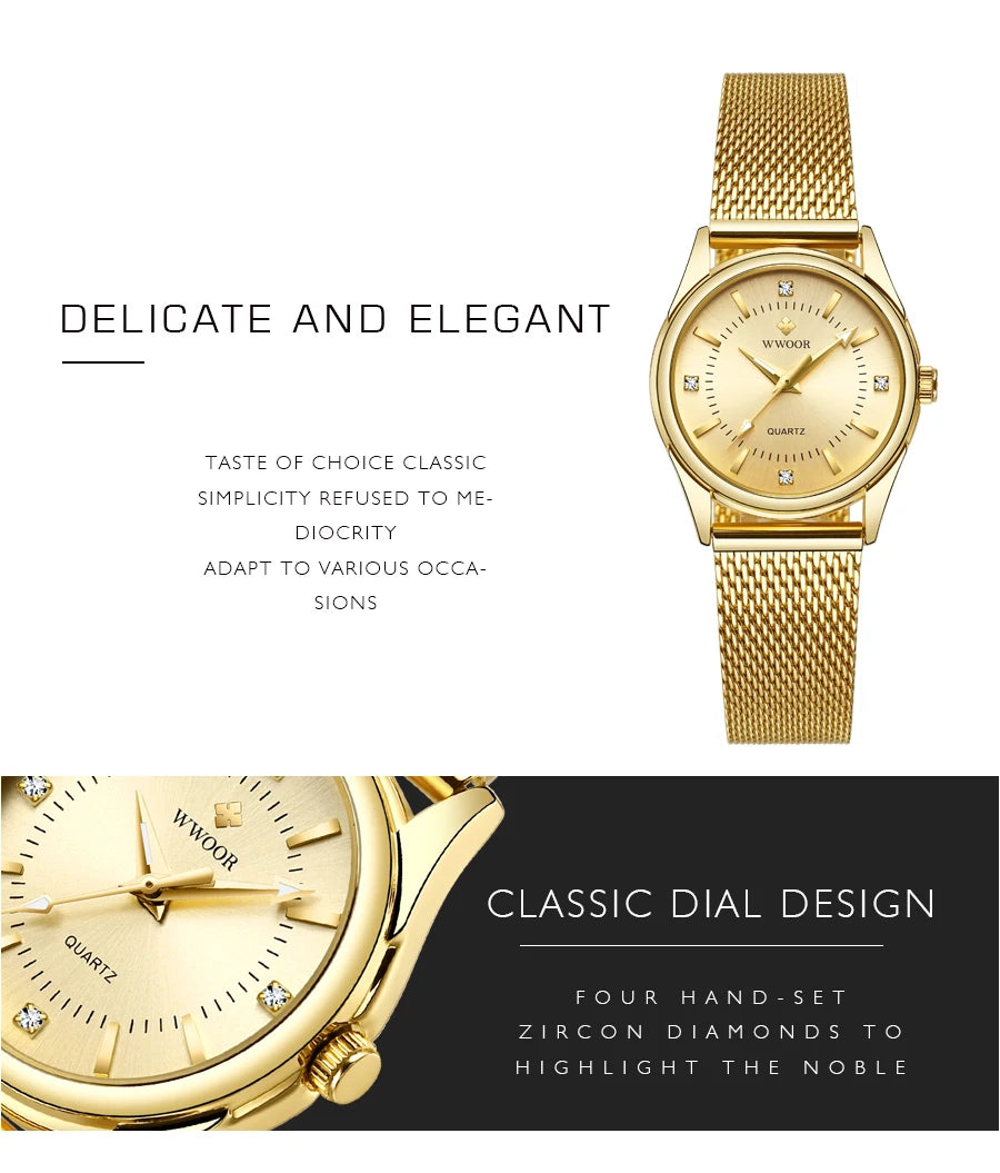 WWOOR Luxury Brand Dress Gold Watch Ladies Elegant Diamond Small Quartz Wrist Watches For Women Steel Mesh Clock zegarek damski