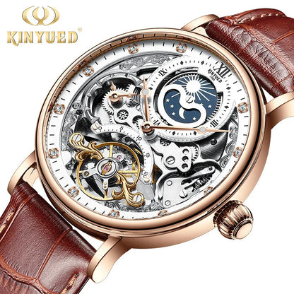 Reloj Hombre Watches Mens KINYUED Top Brand Luxury Rose Gold Skeleton Tourbillon Automatic Mechanical Watch for Men Waterproof