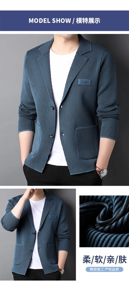 Top Grade New Brand Fashion Slim Fit Blazer Jacket Smart Elegant Stylish Knitted Suit Striped Men Coat Casual Mens Clothes 2025