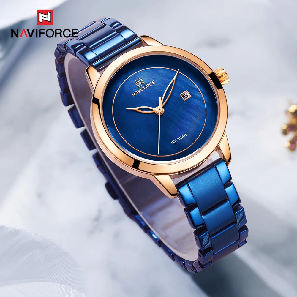 NAVIFORCE Bracelet Watch Women Brand Luxury Blue Stainless Steel Wristwatches Ladies Fashion Waterproof Date Dress Watches