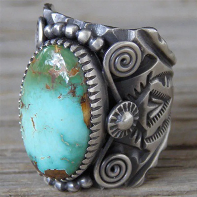 Unique Vintage Green Natural Stone Rings Classical Style Unisex Exaggerated Big Opal Crystal Finger Rings