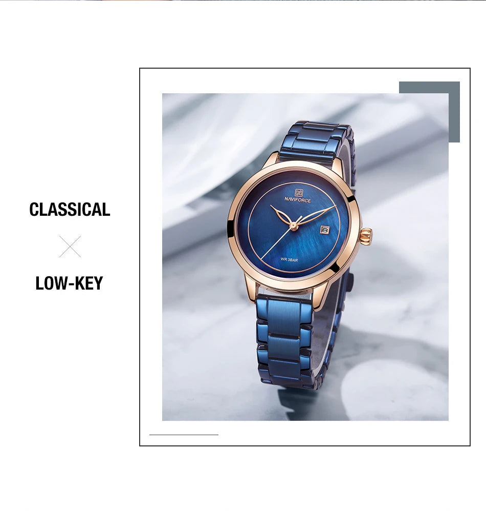 NAVIFORCE Bracelet Watch Women Brand Luxury Blue Stainless Steel Wristwatches Ladies Fashion Waterproof Date Dress Watches