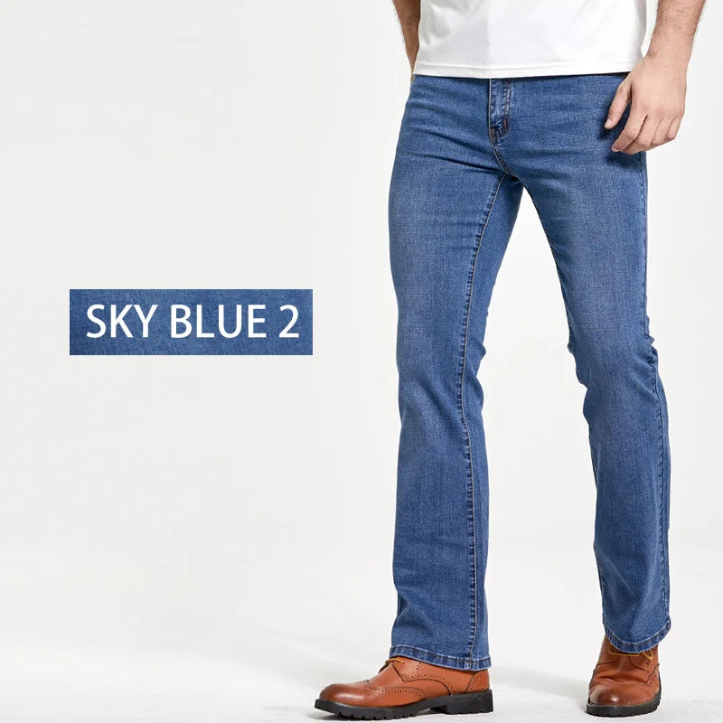 Mens Boot Cut Jeans Slightly Flared Slim Fit Blue Black Trousers Designer Classic Male Stretch Denim Pants