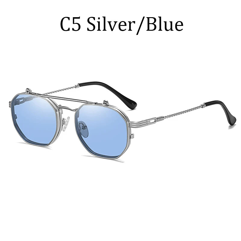 2024 Vintage SteamPunk Style Tint Ocean Lens Metal Sunglasses Flip Up Clamshell Brand Design Sun Glasses Oculos De Sol 8080