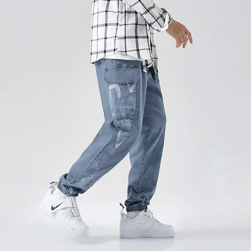 Plus Size Jeans Men Loose Joggers Streetwear Harem Jeans Cargo Pants Ankle-Length Denim Trousers