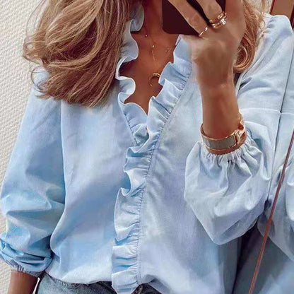 2025 Vintage Ruffles Women Blouses Autumn Long Sleeve Office Lady Elegant Tops Cotton Casual Tops V-neck Shirt Clothing