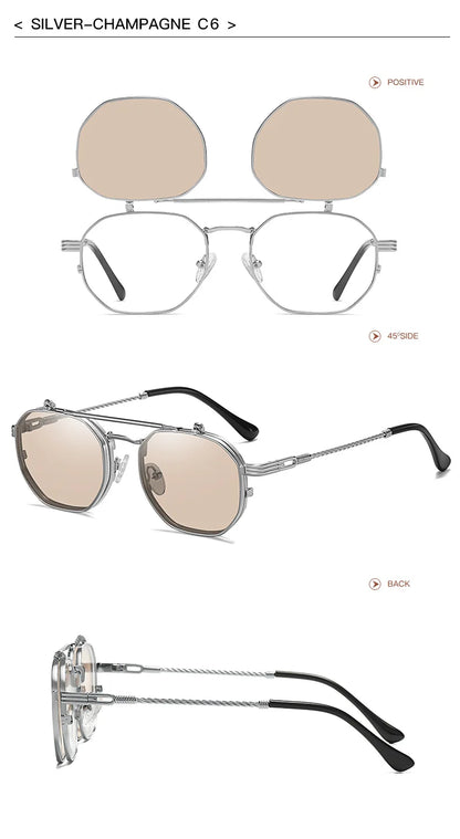 2024 Vintage SteamPunk Style Tint Ocean Lens Metal Sunglasses Flip Up Clamshell Brand Design Sun Glasses Oculos De Sol 8080