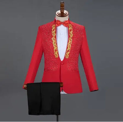 Red Diamond Floral Men Suits for Wedding Mens Suits 3 Piece Blazer+Pant+Bow Tie Fashion Tuxedo Men Suit Set Stage Costume Homme