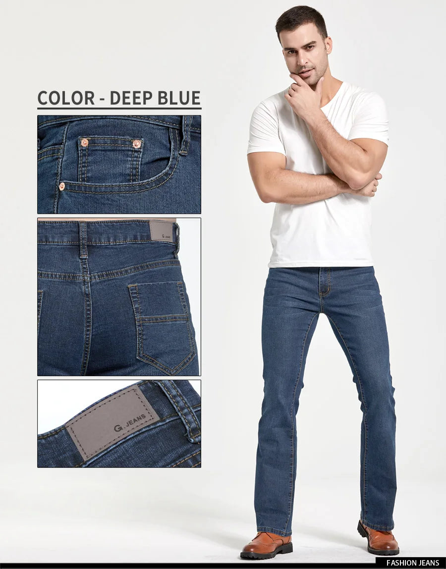 Mens Boot Cut Jeans Slightly Flared Slim Fit Blue Black Trousers Designer Classic Male Stretch Denim Pants