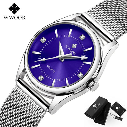 WWOOR Luxury Brand Dress Gold Watch Ladies Elegant Diamond Small Quartz Wrist Watches For Women Steel Mesh Clock zegarek damski