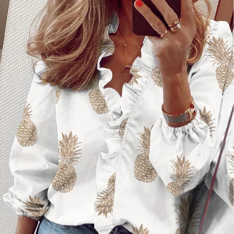 2025 Vintage Ruffles Women Blouses Autumn Long Sleeve Office Lady Elegant Tops Cotton Casual Tops V-neck Shirt Clothing