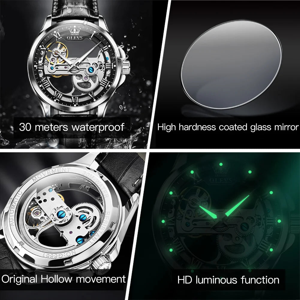 OLEVS Men's Watches Automatic Mechanical Watches Waterproof Leather Strap Top Luxury Men Wristwatch Luminous Gift Box Watch Men