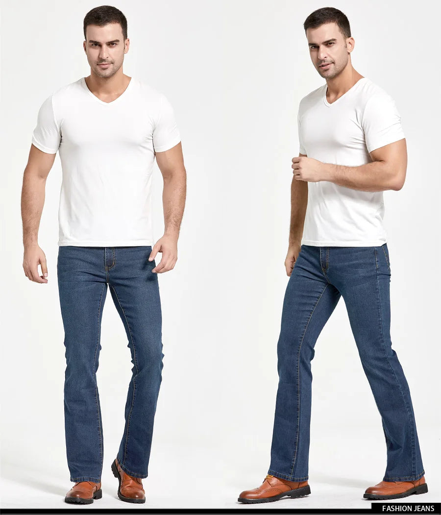 Mens Boot Cut Jeans Slightly Flared Slim Fit Blue Black Trousers Designer Classic Male Stretch Denim Pants