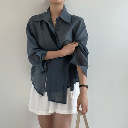 Sunscreen Women Shirt Chic Loose Long Sleeve Blouse 2025 Fashion Casual Button Shirts Tops Office Lady Elegant Clothing 15674