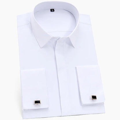 Men's Classic French Cuffs Solid Dress Shirt Fly Front Placket Formal Business Standard-fit Long Sleeve Office Work White Shirts