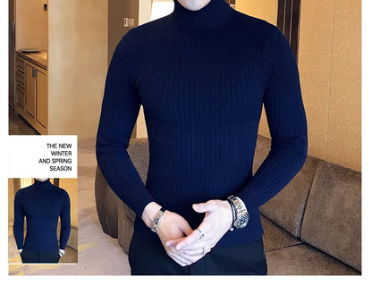 2025 Korean Slim Solid Color Turtleneck Sweater Mens Winter Long Sleeve Warm Knit Sweater Classic Solid Casual Bottoming Shirt