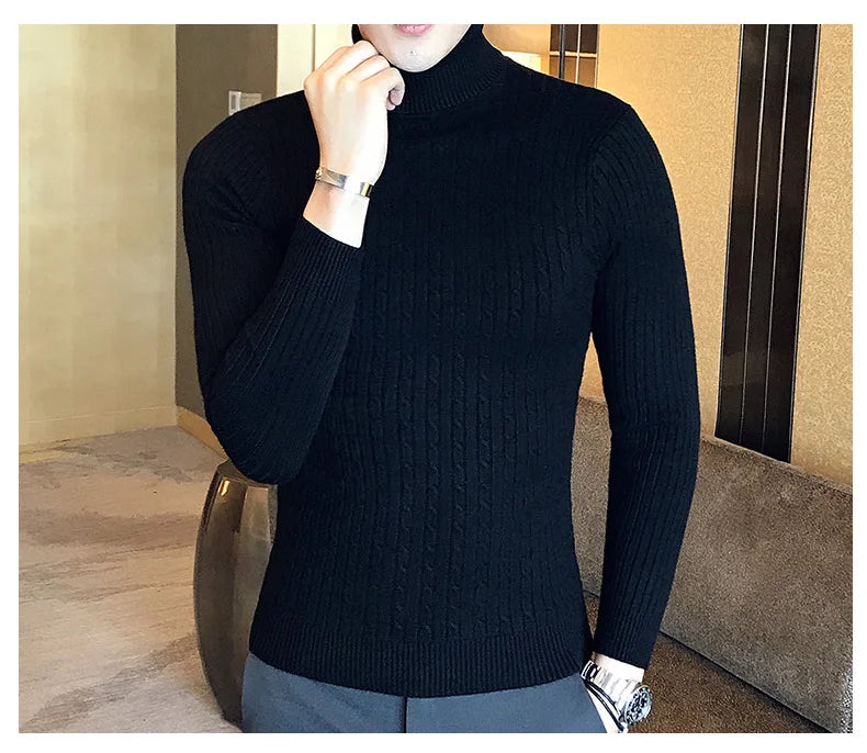 2025 Korean Slim Solid Color Turtleneck Sweater Mens Winter Long Sleeve Warm Knit Sweater Classic Solid Casual Bottoming Shirt