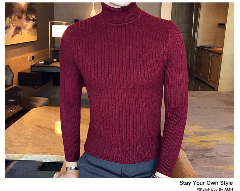 2025 Korean Slim Solid Color Turtleneck Sweater Mens Winter Long Sleeve Warm Knit Sweater Classic Solid Casual Bottoming Shirt