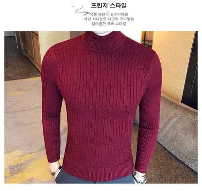 2025 Korean Slim Solid Color Turtleneck Sweater Mens Winter Long Sleeve Warm Knit Sweater Classic Solid Casual Bottoming Shirt