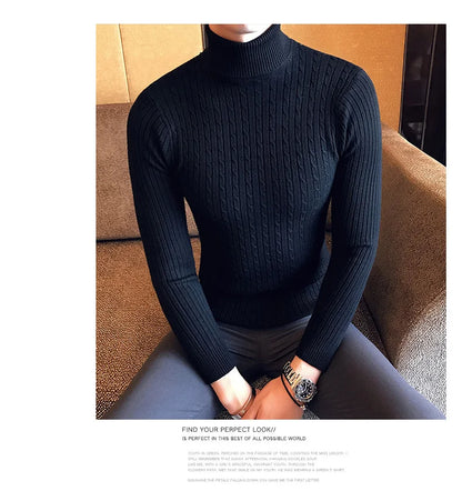 2025 Korean Slim Solid Color Turtleneck Sweater Mens Winter Long Sleeve Warm Knit Sweater Classic Solid Casual Bottoming Shirt