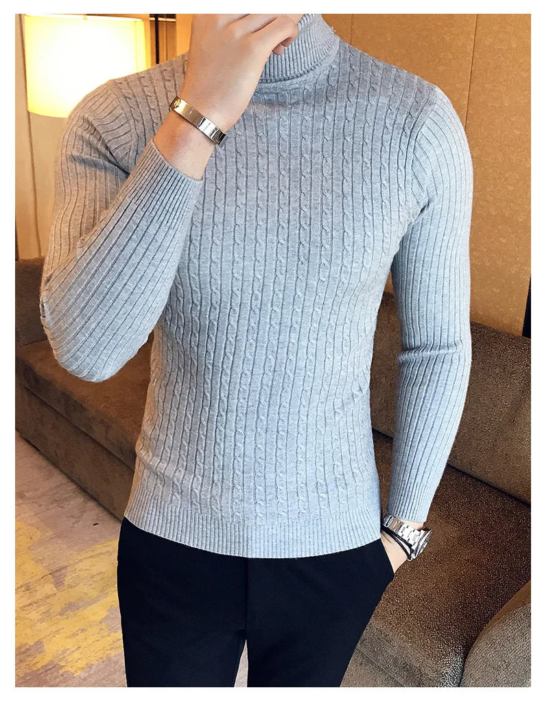 2025 Korean Slim Solid Color Turtleneck Sweater Mens Winter Long Sleeve Warm Knit Sweater Classic Solid Casual Bottoming Shirt