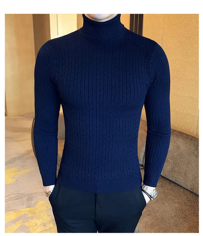 2025 Korean Slim Solid Color Turtleneck Sweater Mens Winter Long Sleeve Warm Knit Sweater Classic Solid Casual Bottoming Shirt