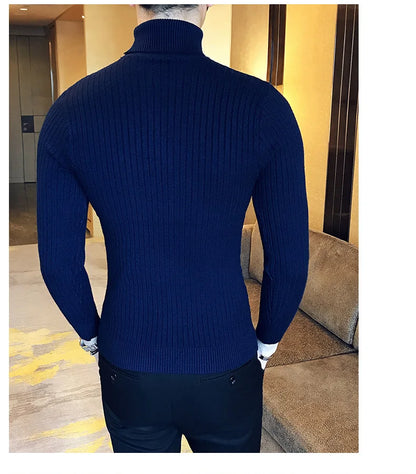 2025 Korean Slim Solid Color Turtleneck Sweater Mens Winter Long Sleeve Warm Knit Sweater Classic Solid Casual Bottoming Shirt