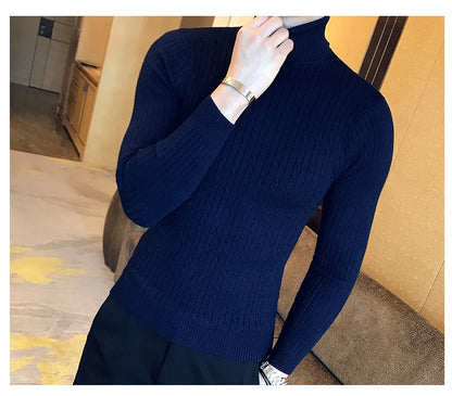 2025 Korean Slim Solid Color Turtleneck Sweater Mens Winter Long Sleeve Warm Knit Sweater Classic Solid Casual Bottoming Shirt