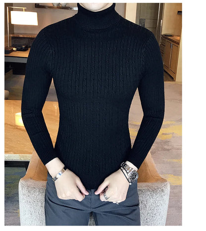 2025 Korean Slim Solid Color Turtleneck Sweater Mens Winter Long Sleeve Warm Knit Sweater Classic Solid Casual Bottoming Shirt