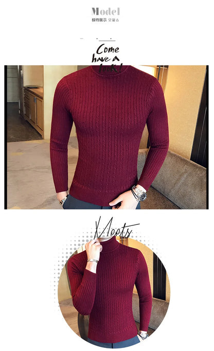 2025 Korean Slim Solid Color Turtleneck Sweater Mens Winter Long Sleeve Warm Knit Sweater Classic Solid Casual Bottoming Shirt