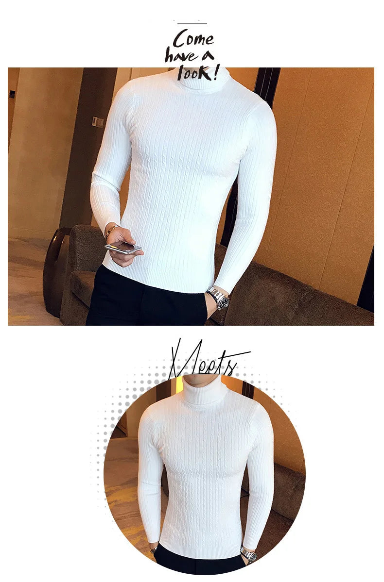 2025 Korean Slim Solid Color Turtleneck Sweater Mens Winter Long Sleeve Warm Knit Sweater Classic Solid Casual Bottoming Shirt