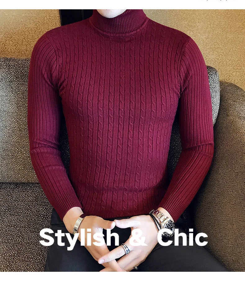 2025 Korean Slim Solid Color Turtleneck Sweater Mens Winter Long Sleeve Warm Knit Sweater Classic Solid Casual Bottoming Shirt