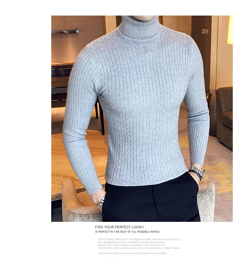 2025 Korean Slim Solid Color Turtleneck Sweater Mens Winter Long Sleeve Warm Knit Sweater Classic Solid Casual Bottoming Shirt