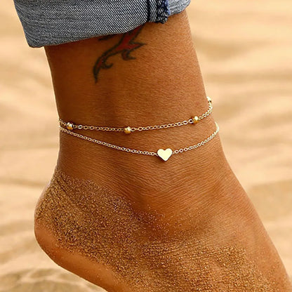 IPARAM Women's Anklet Bohemian Layered Heart Anklet  Summer Beach Anklets On Foot Ankle Bracelets For Women Leg Chain