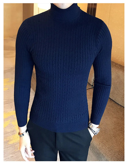 2025 Korean Slim Solid Color Turtleneck Sweater Mens Winter Long Sleeve Warm Knit Sweater Classic Solid Casual Bottoming Shirt