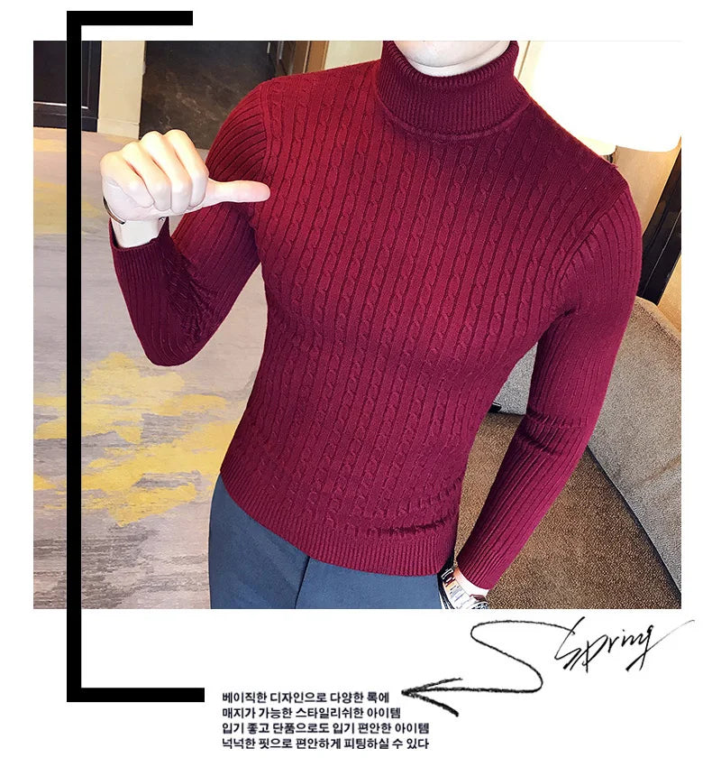 2025 Korean Slim Solid Color Turtleneck Sweater Mens Winter Long Sleeve Warm Knit Sweater Classic Solid Casual Bottoming Shirt