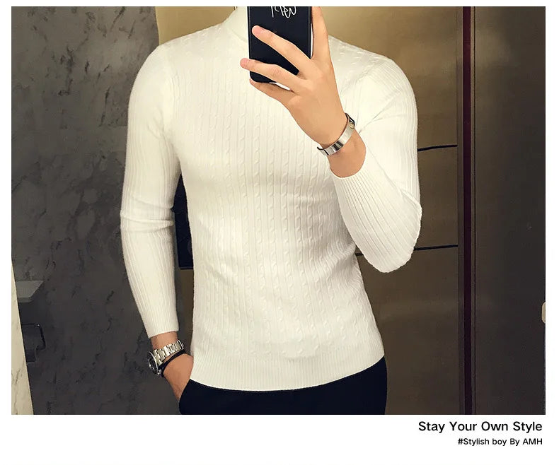 2025 Korean Slim Solid Color Turtleneck Sweater Mens Winter Long Sleeve Warm Knit Sweater Classic Solid Casual Bottoming Shirt