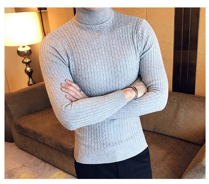 2025 Korean Slim Solid Color Turtleneck Sweater Mens Winter Long Sleeve Warm Knit Sweater Classic Solid Casual Bottoming Shirt