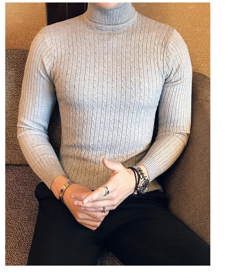 2025 Korean Slim Solid Color Turtleneck Sweater Mens Winter Long Sleeve Warm Knit Sweater Classic Solid Casual Bottoming Shirt