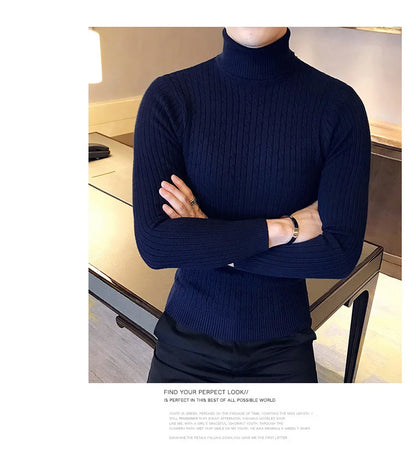 2025 Korean Slim Solid Color Turtleneck Sweater Mens Winter Long Sleeve Warm Knit Sweater Classic Solid Casual Bottoming Shirt