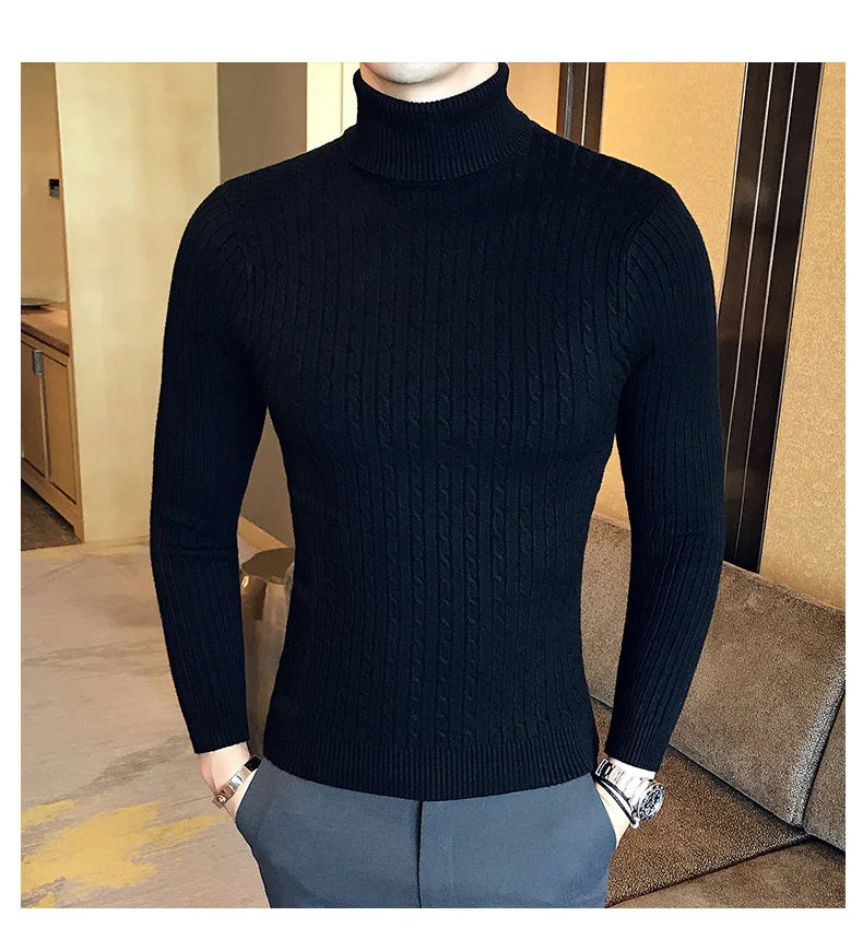 2025 Korean Slim Solid Color Turtleneck Sweater Mens Winter Long Sleeve Warm Knit Sweater Classic Solid Casual Bottoming Shirt