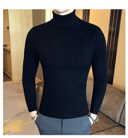 2025 Korean Slim Solid Color Turtleneck Sweater Mens Winter Long Sleeve Warm Knit Sweater Classic Solid Casual Bottoming Shirt