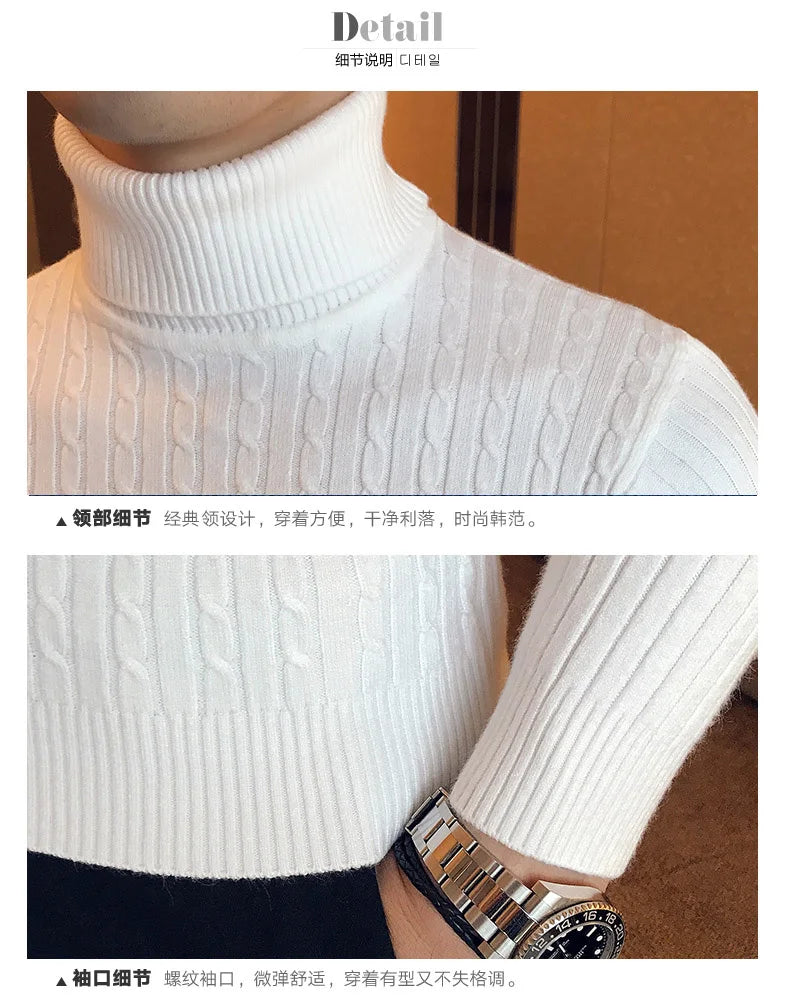 2025 Korean Slim Solid Color Turtleneck Sweater Mens Winter Long Sleeve Warm Knit Sweater Classic Solid Casual Bottoming Shirt