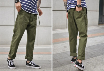 SauceZhan OG107 Fatigue Utility Pants Military Pants VINTAGE Classic Olive Sateen Men's Baker Pants Satin Cotton Straight Fit