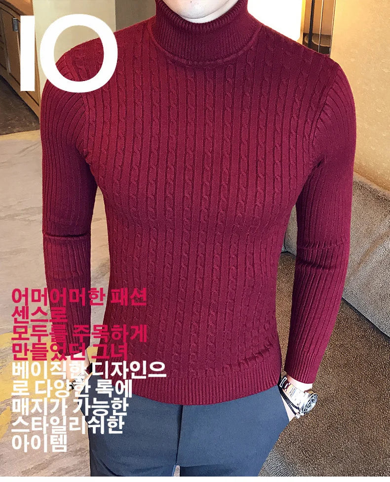 2025 Korean Slim Solid Color Turtleneck Sweater Mens Winter Long Sleeve Warm Knit Sweater Classic Solid Casual Bottoming Shirt