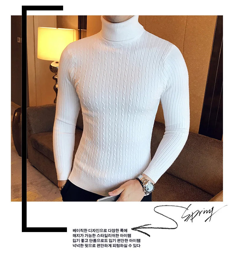 2025 Korean Slim Solid Color Turtleneck Sweater Mens Winter Long Sleeve Warm Knit Sweater Classic Solid Casual Bottoming Shirt