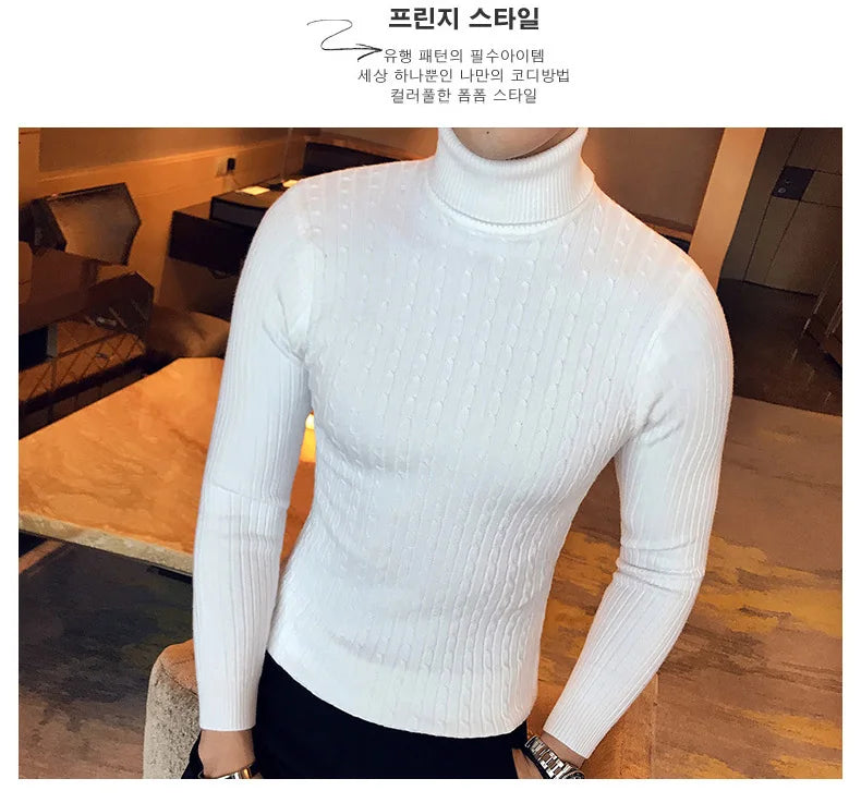 2025 Korean Slim Solid Color Turtleneck Sweater Mens Winter Long Sleeve Warm Knit Sweater Classic Solid Casual Bottoming Shirt