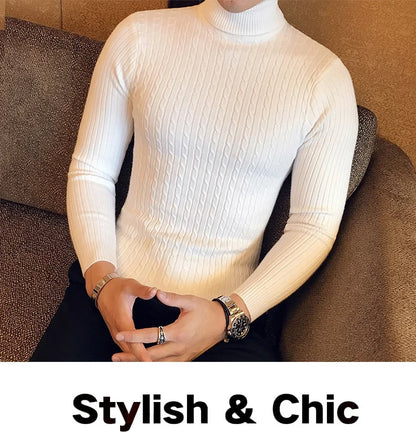 2025 Korean Slim Solid Color Turtleneck Sweater Mens Winter Long Sleeve Warm Knit Sweater Classic Solid Casual Bottoming Shirt