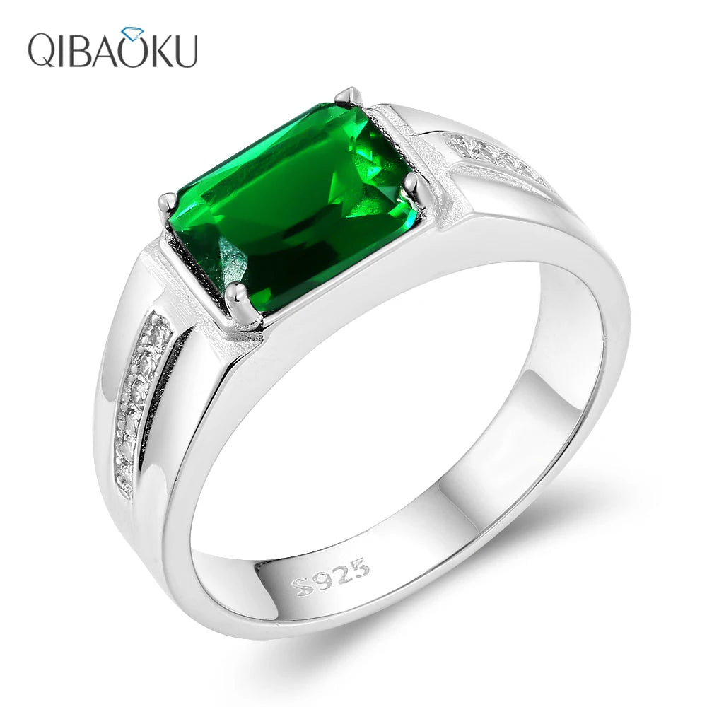 Genuine 925 Sterling Silver Men's Ring Main Stone Rectangular 8*10MM Green Zircon Finger Rings Gift Party Fine Jewelry